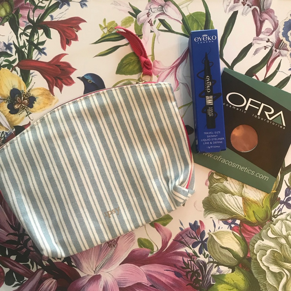 New Blue Striped Ipsy Makeup Bag with Eyeliner